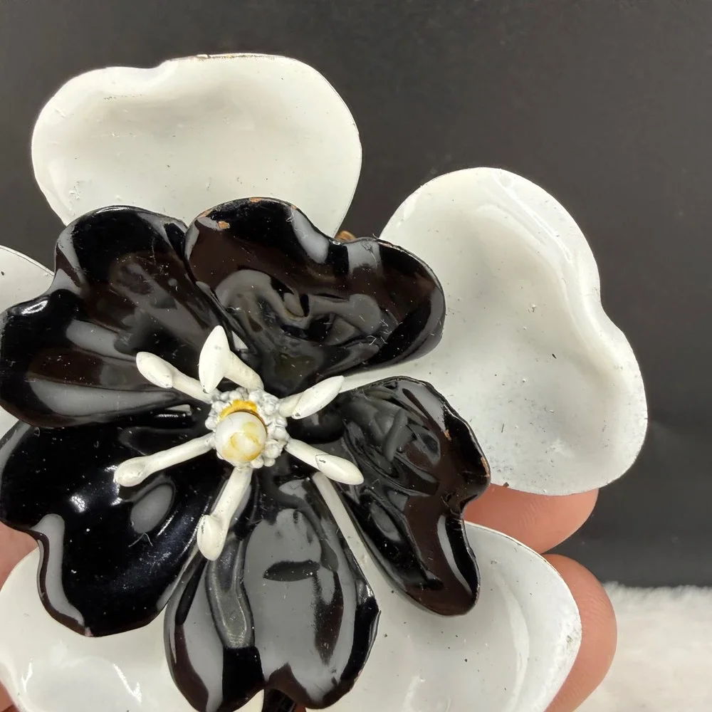 Vintage Enamel Flower Brooch Black White Layered Floral Pin  Mod Pop Art